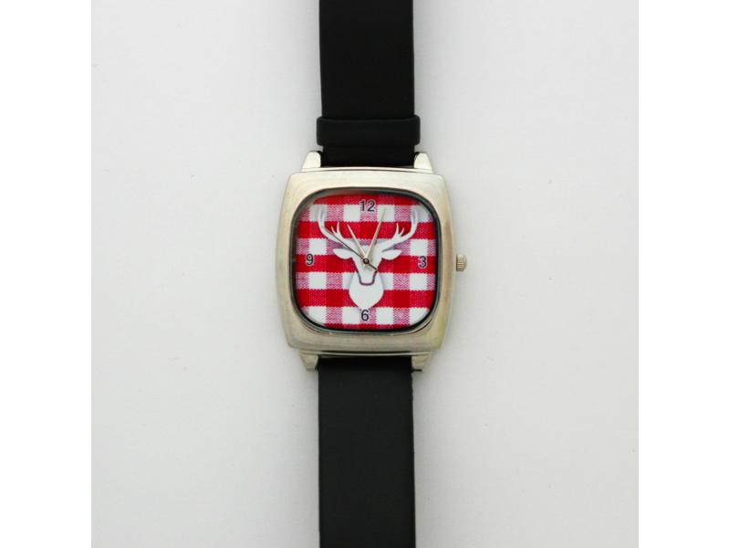 Armbanduhr Quadrat Karo rot-weiß mit Hirsch